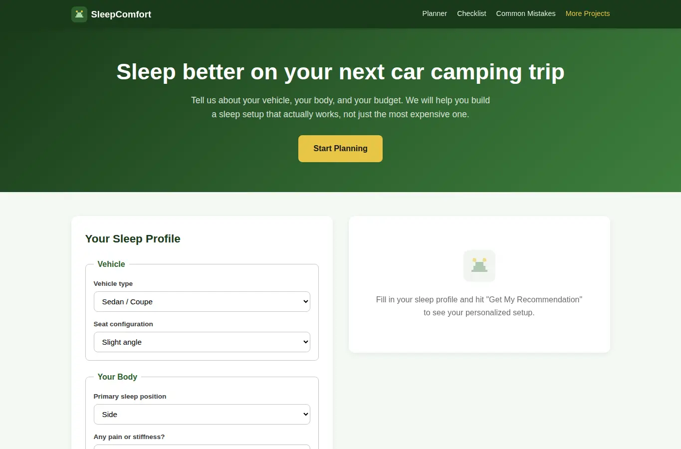 Screenshot of Car Camping Sleep Comfort Optimizer interface showing the project page in use